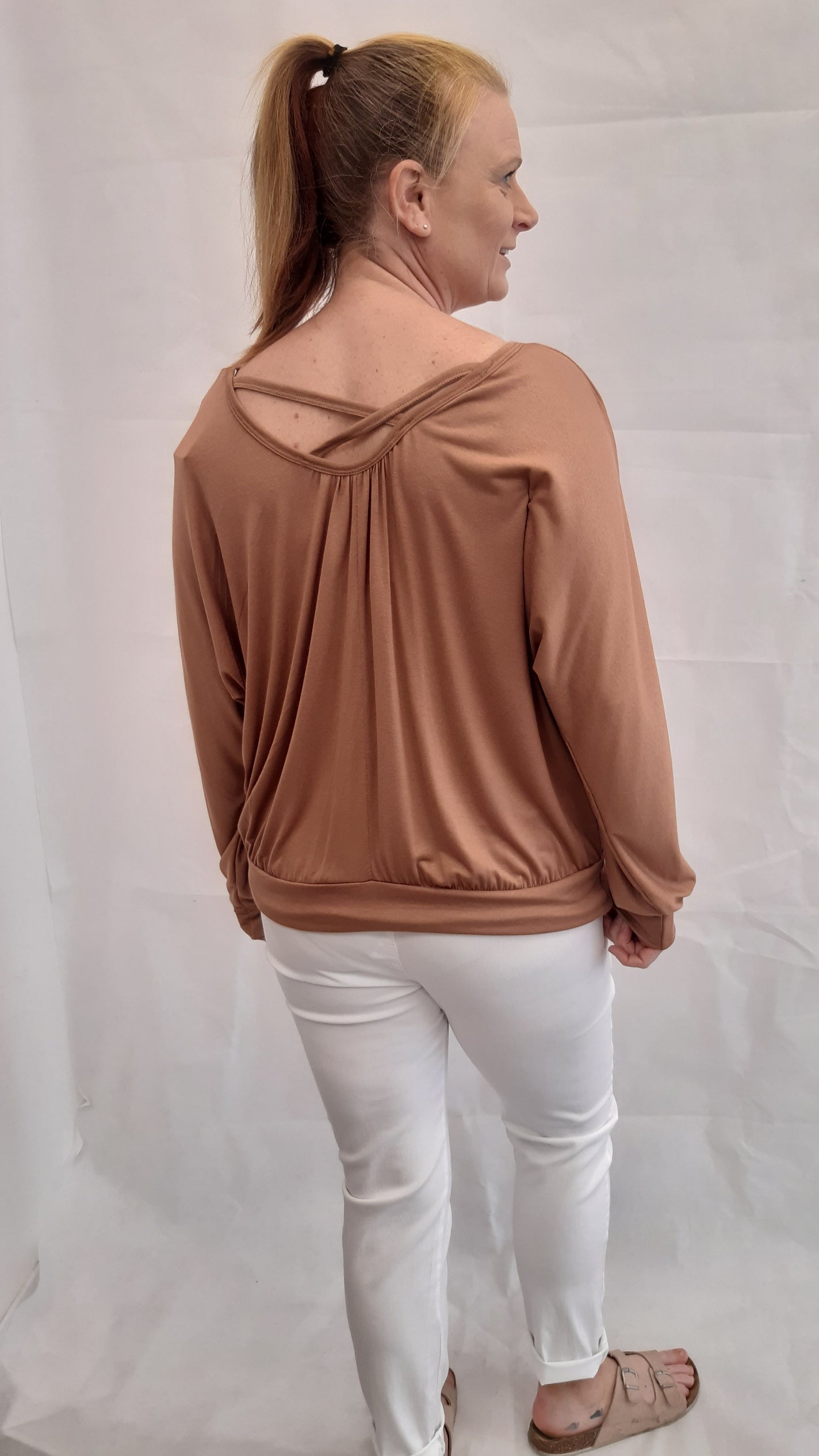Cross-Back Long Sleeve Top Loose Batwing Baggy T-Shirt