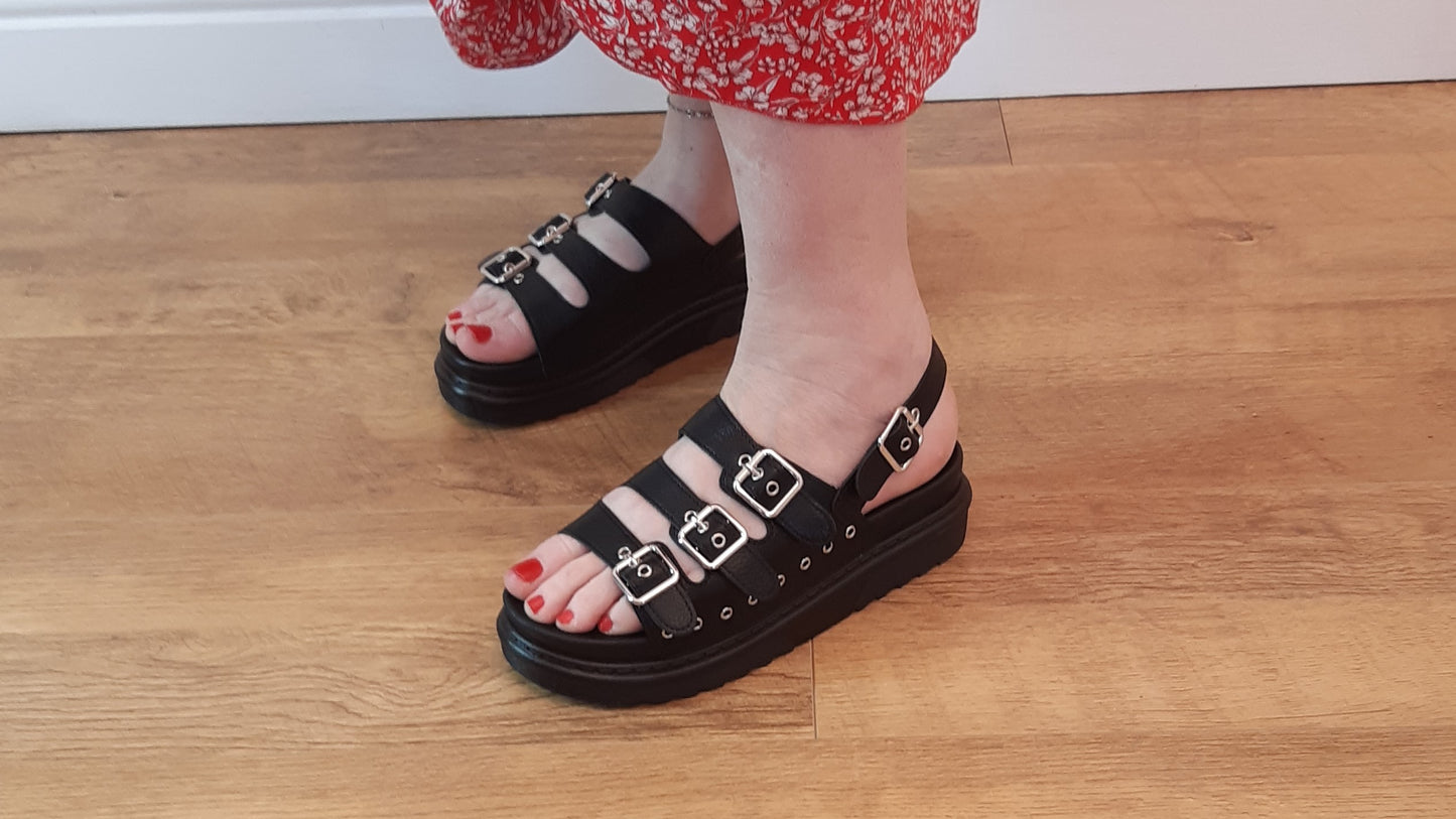 Black Thick Chunky Sole Strappy with 4 Blocks Flatform Sandals