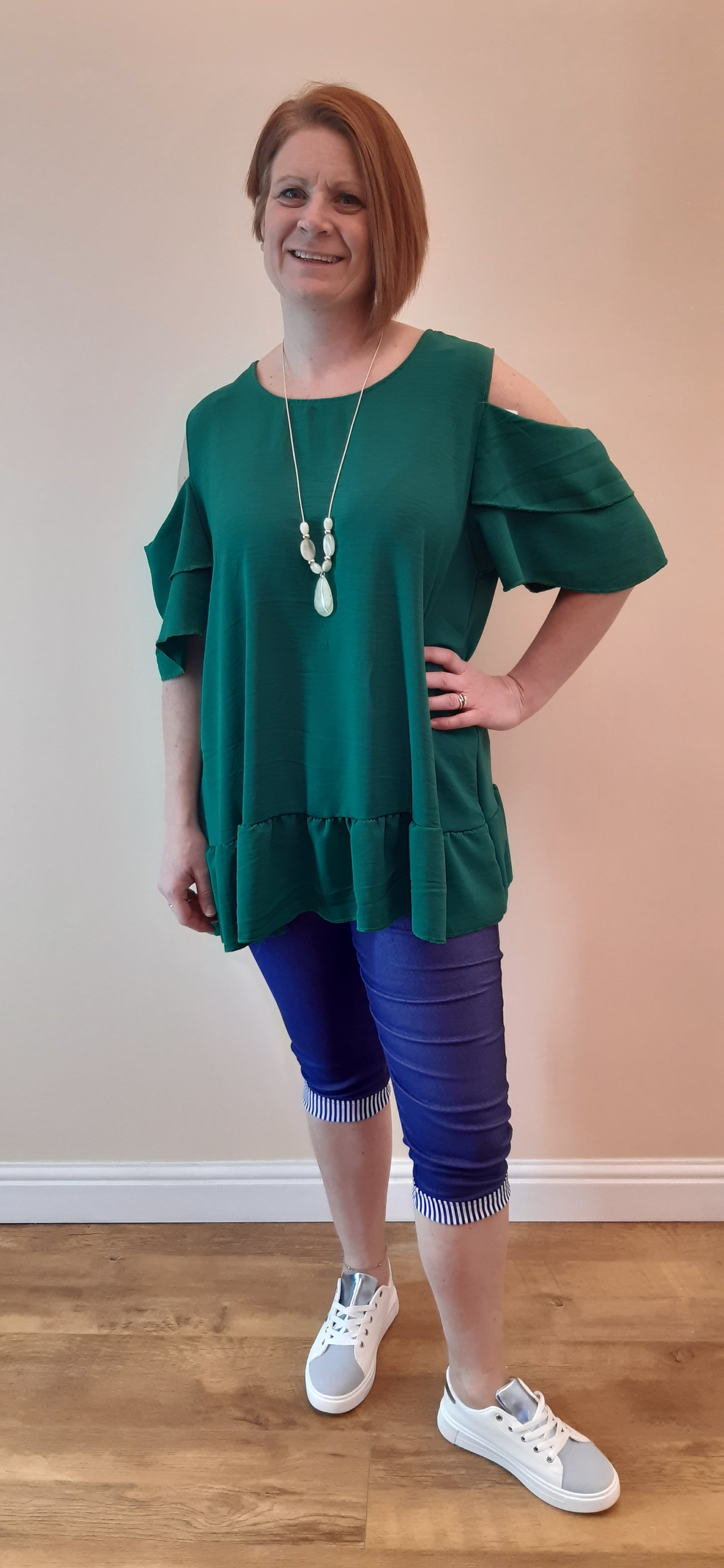 Cold Shoulder Frill Sleeve Top With Necklace