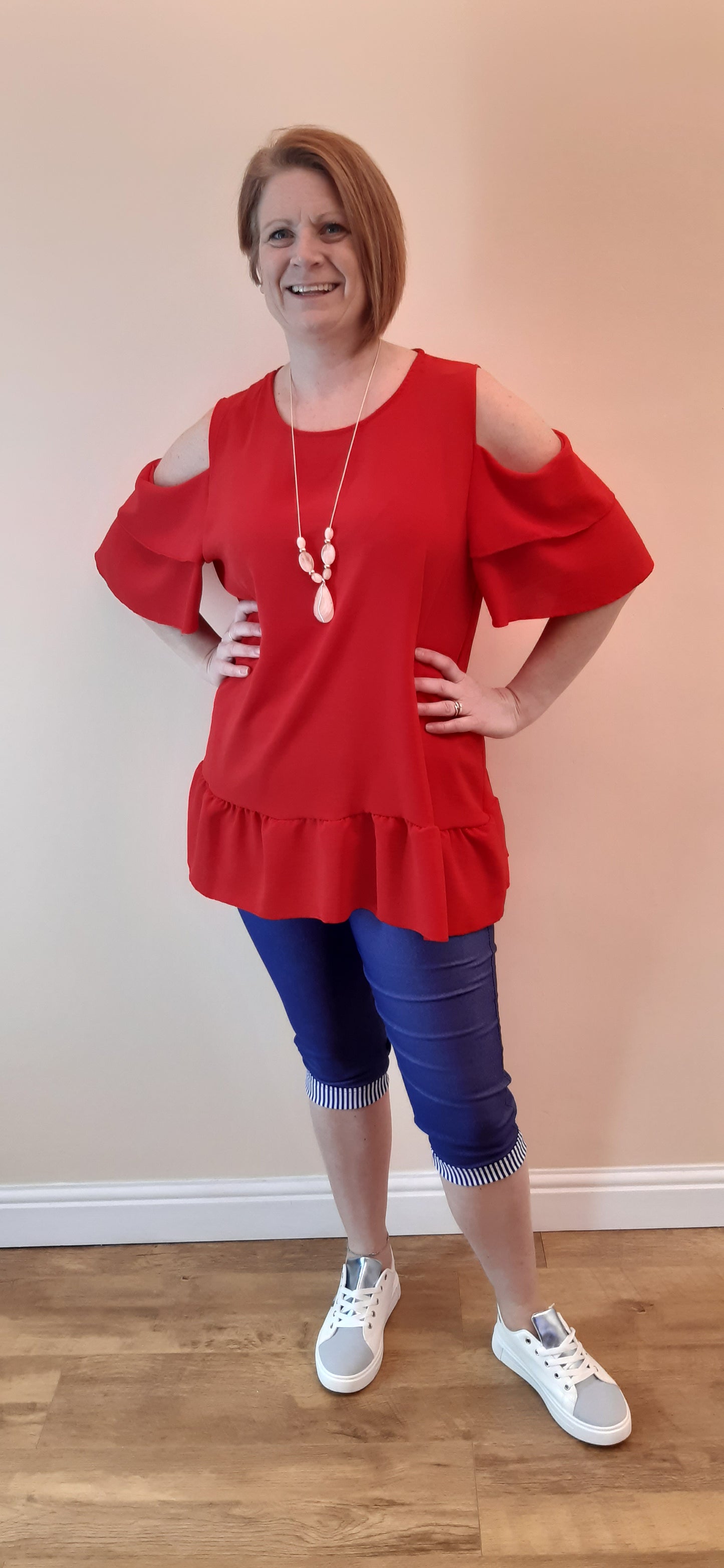 Cold Shoulder Frill Sleeve Top With Necklace