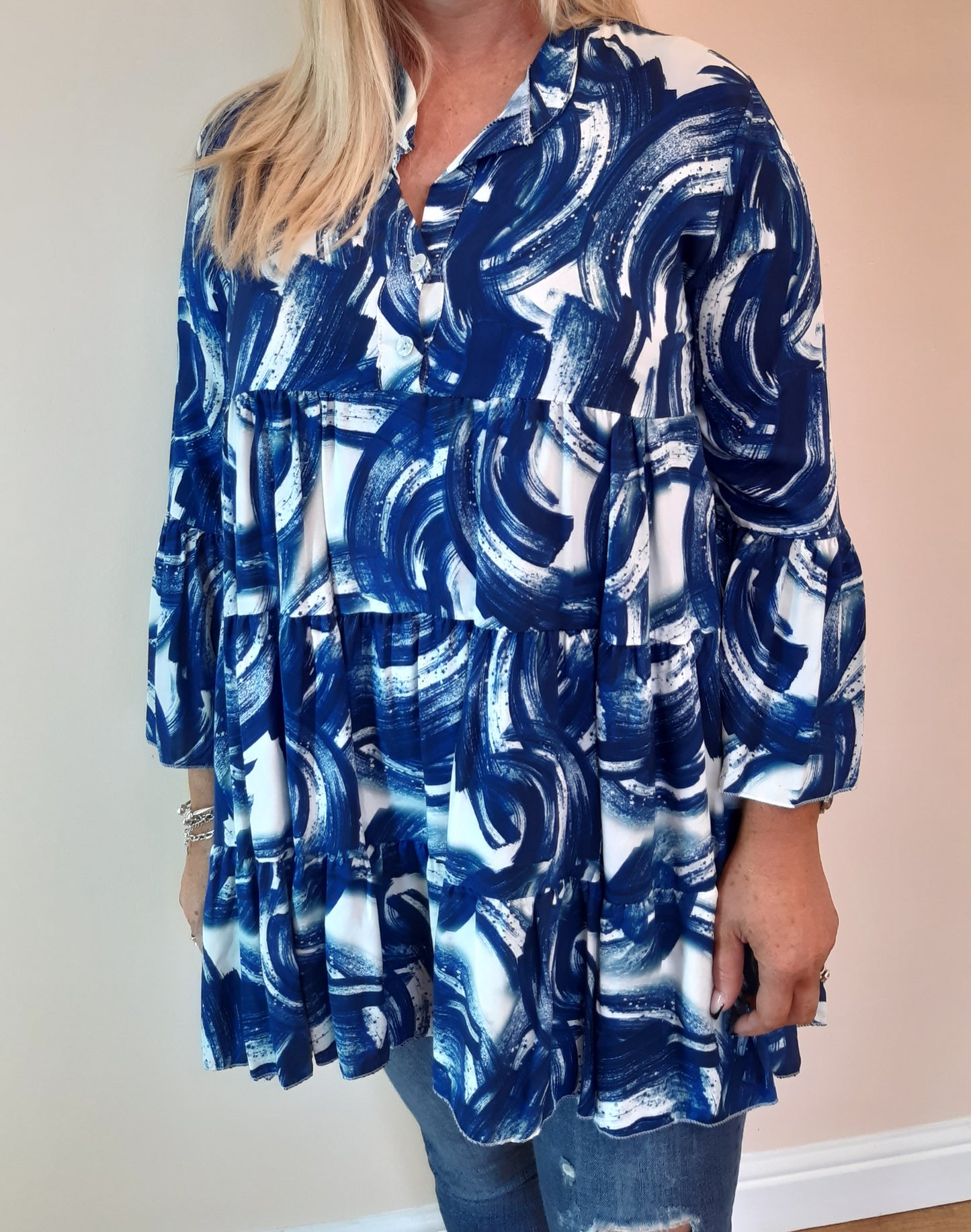 mini brush strokes notch neck blouse