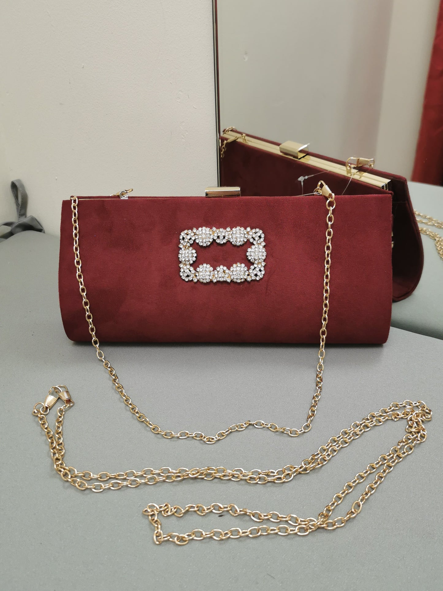 Suede Tote Style Diamante Buckle Detail Evening Clutch Bag