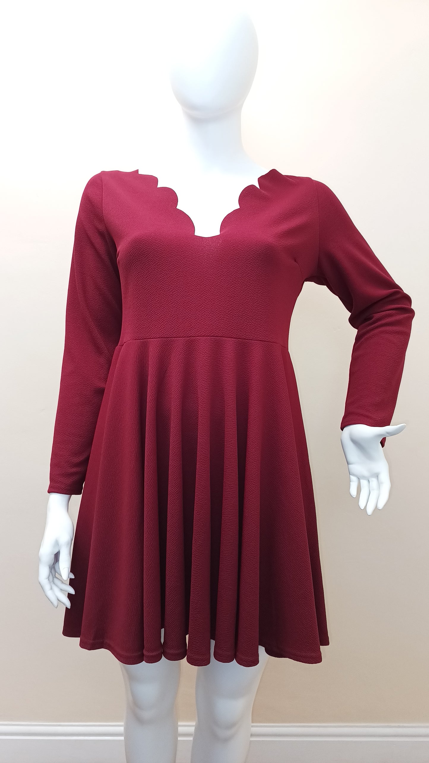 Wine Long Sleeve Scallop Dress