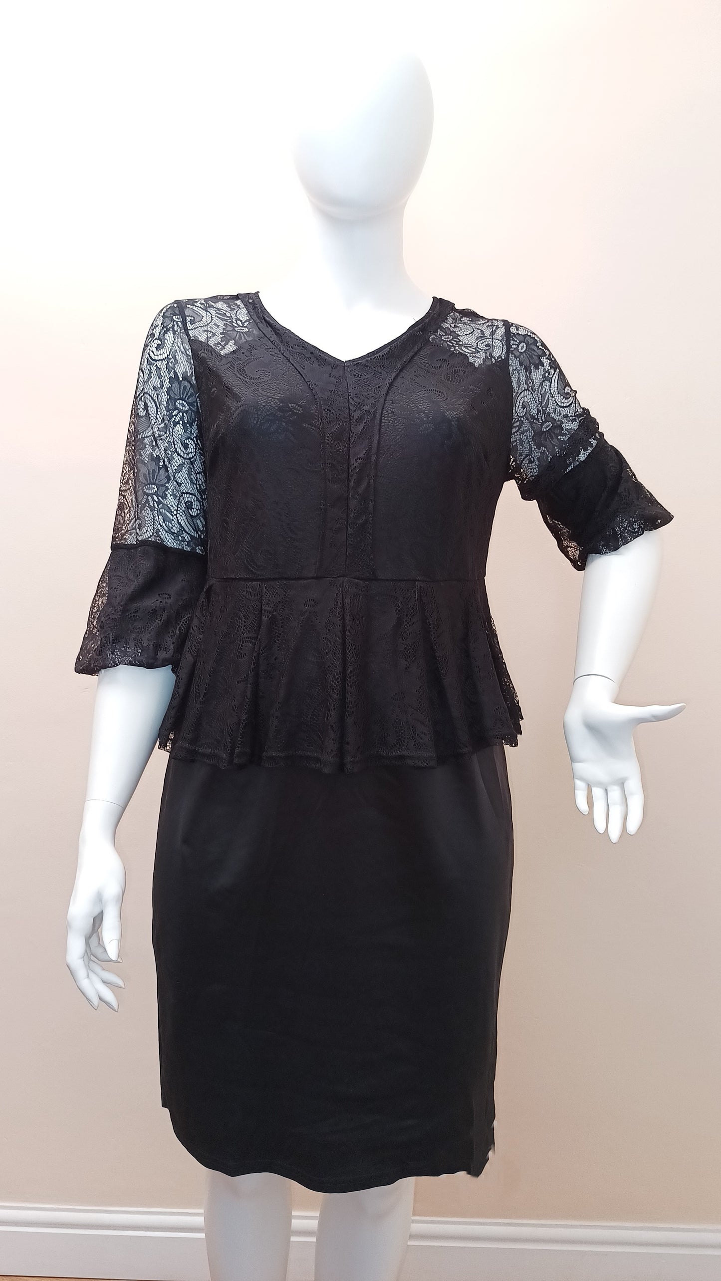 Lace Bodice Peplum Dress with Belt
