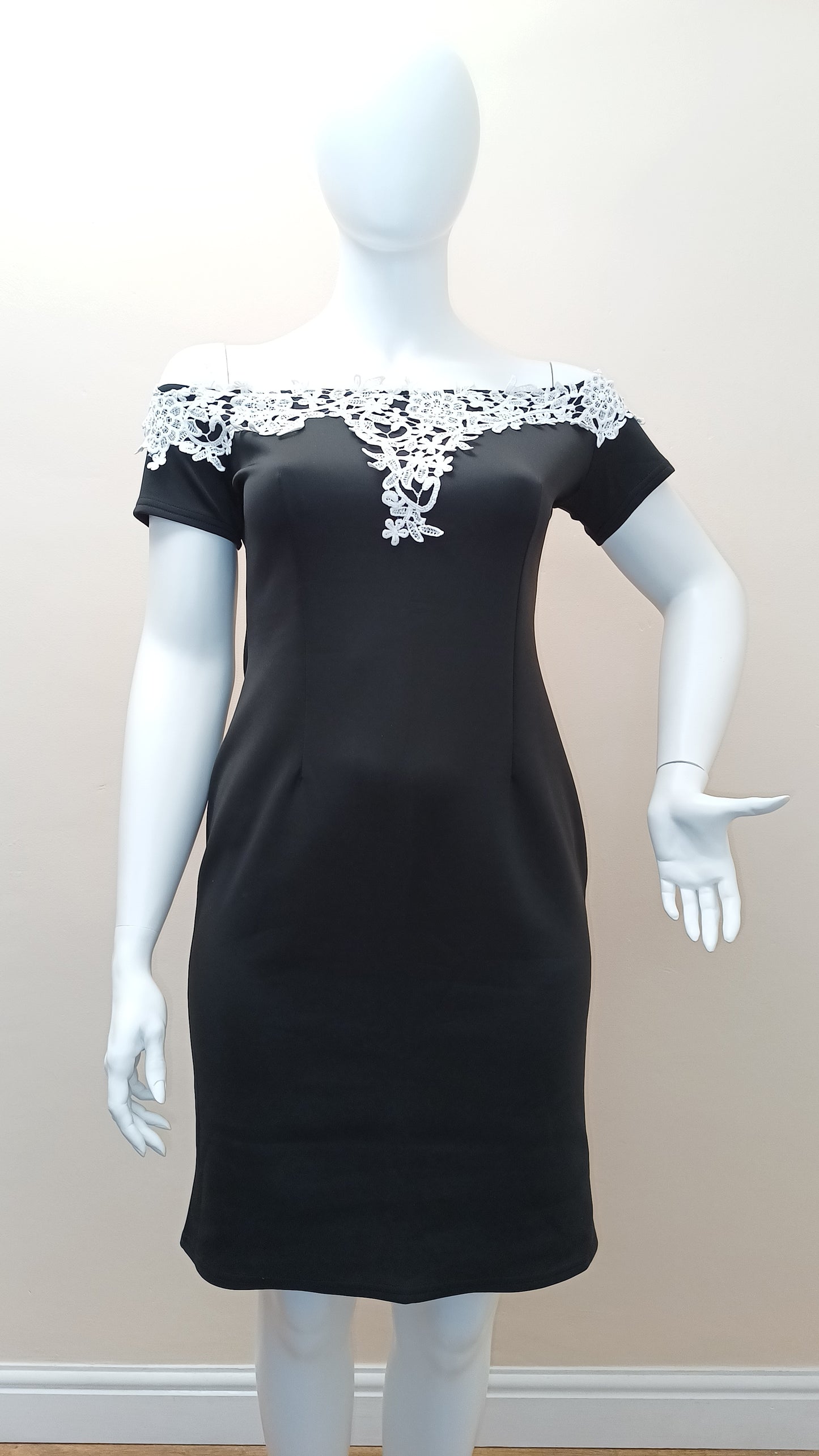 Black Off Shoulder Crochet Lace Sheath Pencil Dress