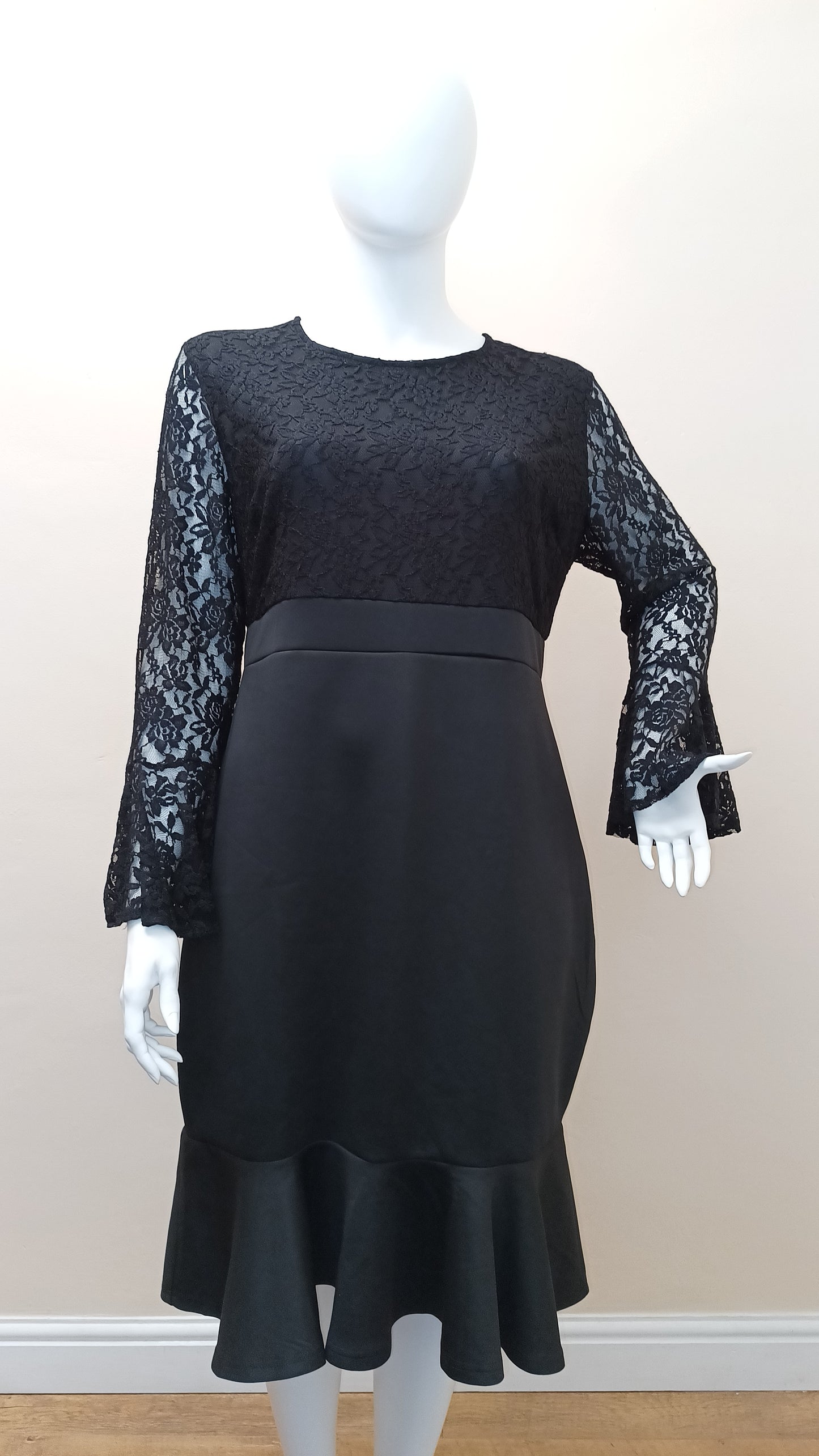 Lace Bodice Bell Sleeve Ruffled Hem Dress