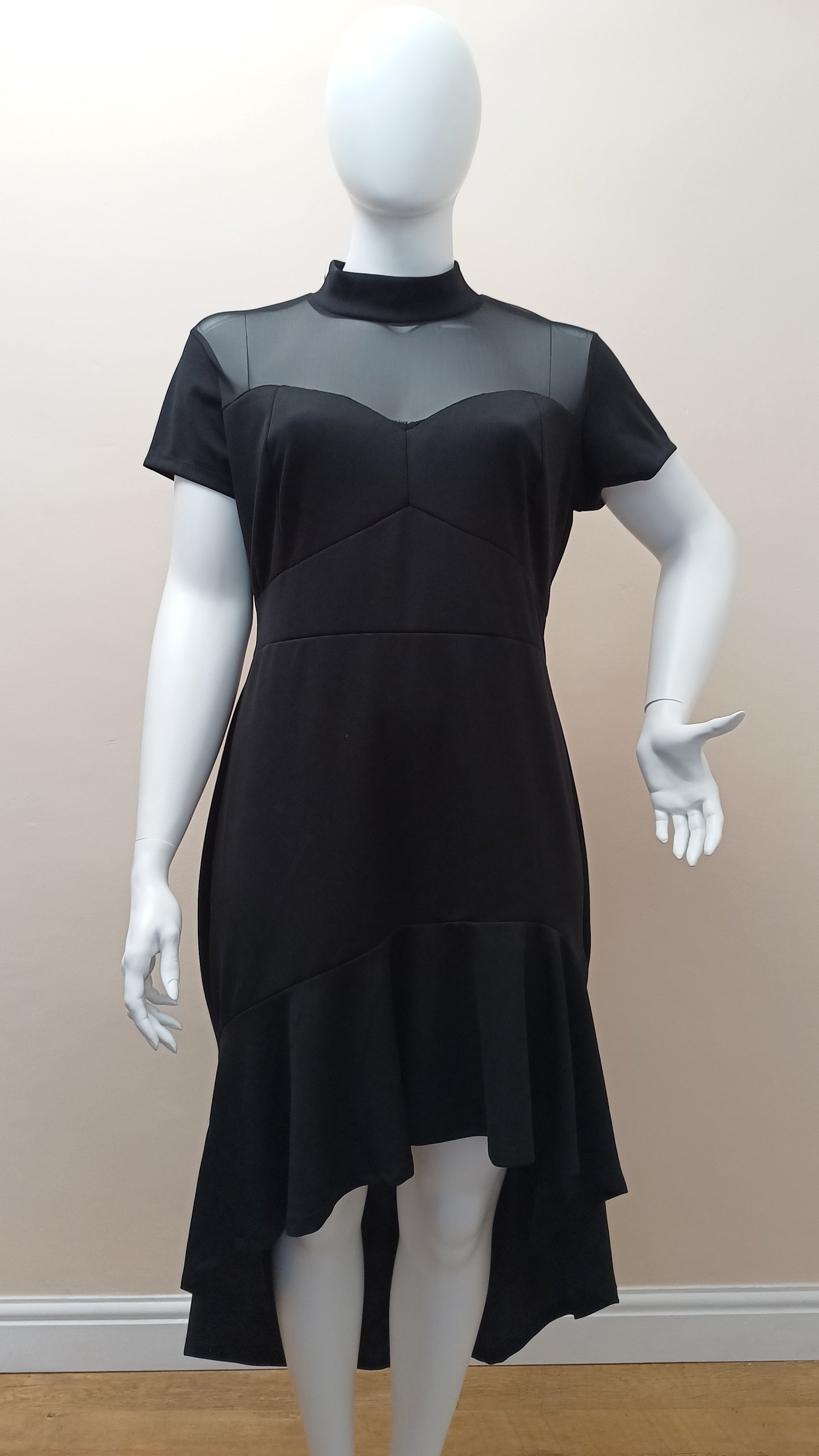 Black Mesh Insert Ruffled Hi-low Hem Dress