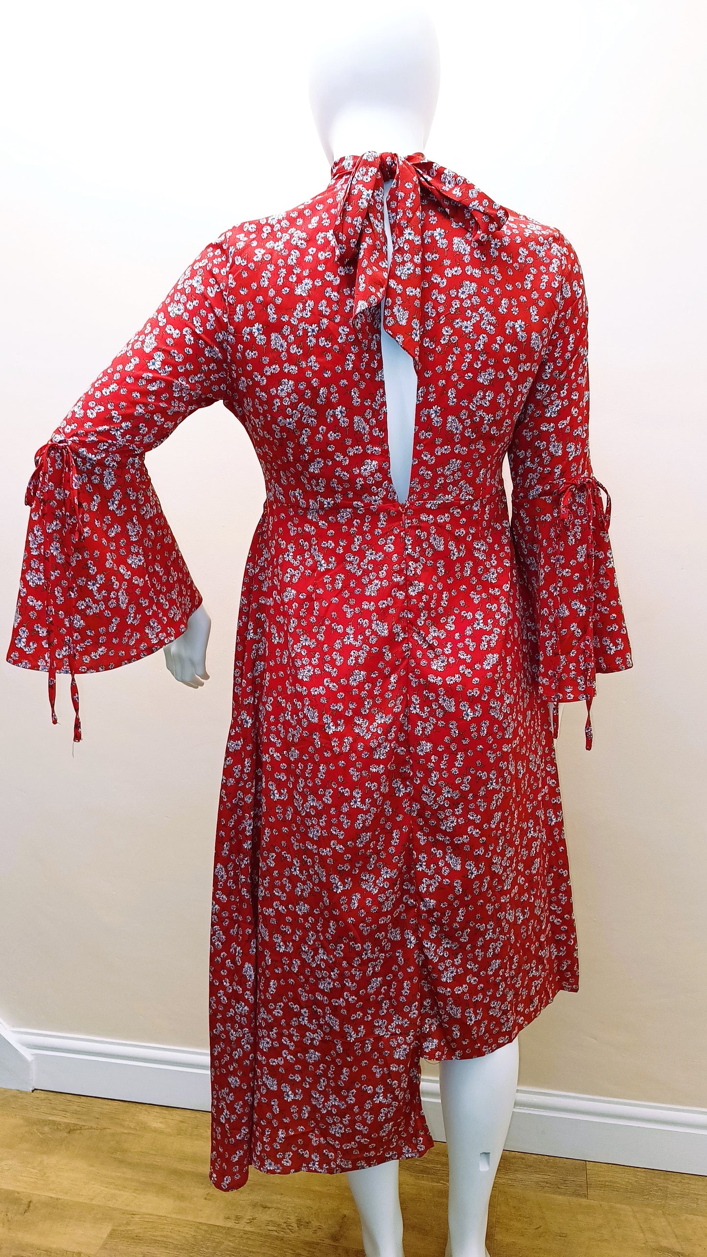 Red Asymmetrical Bell Sleeve Small Daisy open back style Dress