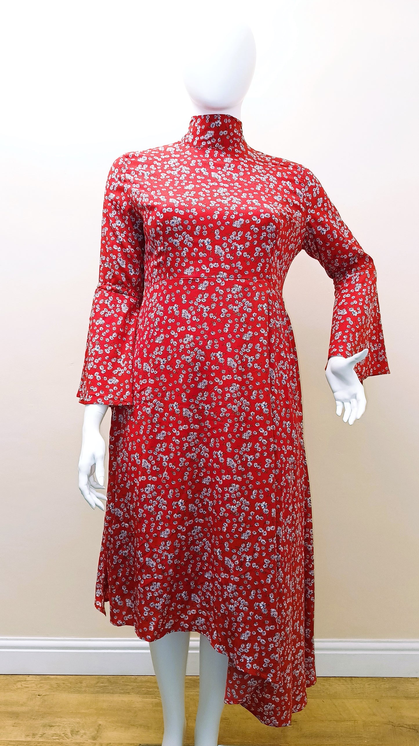 Red Asymmetrical Bell Sleeve Small Daisy open back style Dress