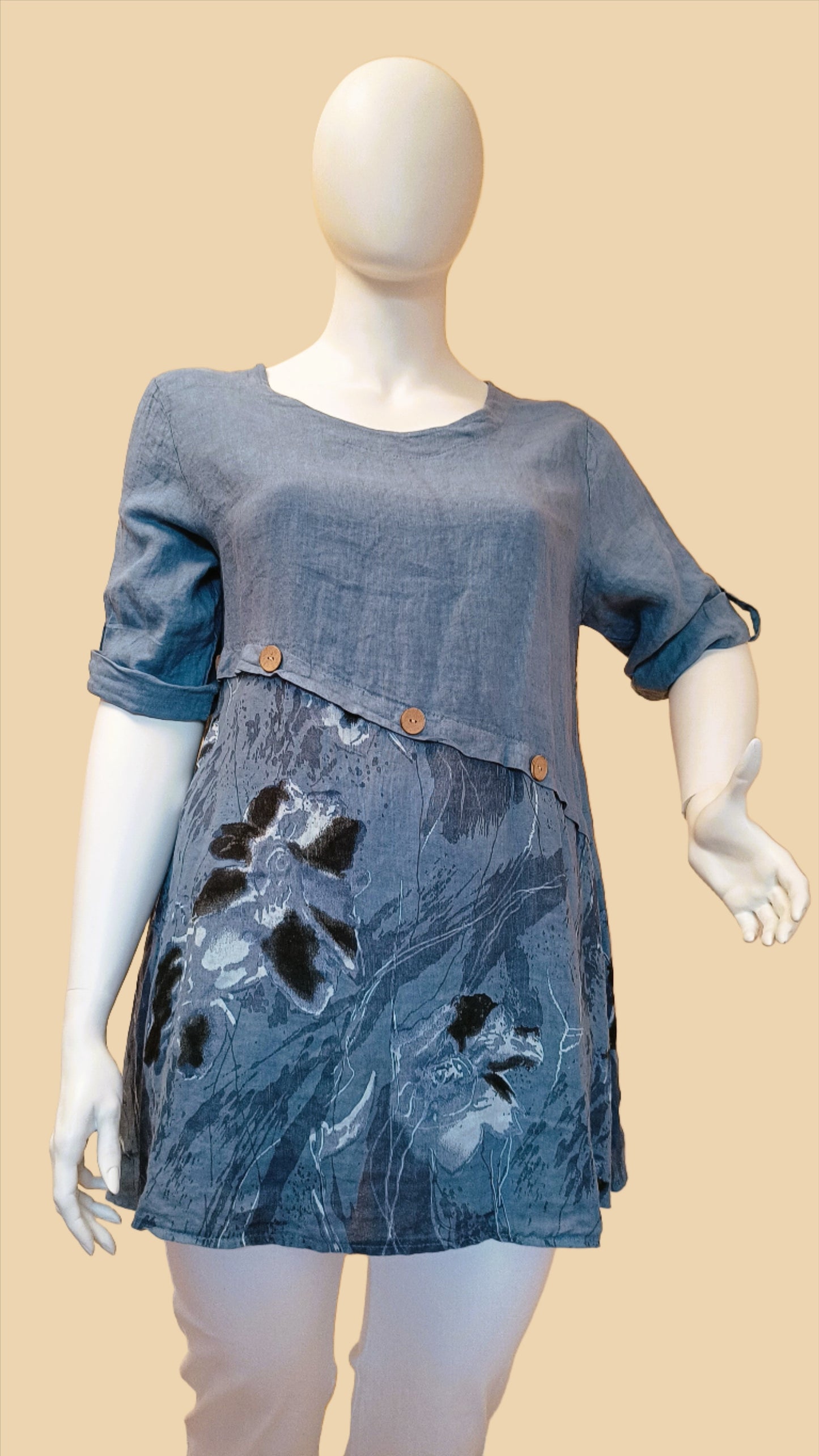 Lightweight Ladies Lagenlook Casual Linen Quirky Button Design Tunic Top