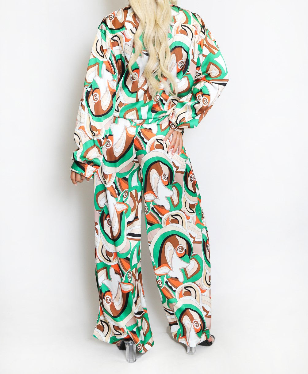 Swirl Print Shirt And Wide Leg Trouser Set
