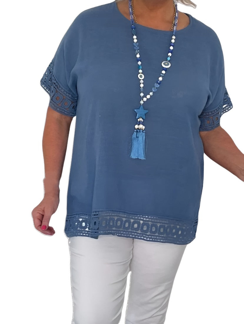 Round Neck Tunic Top with Crochet Detailing on Hems