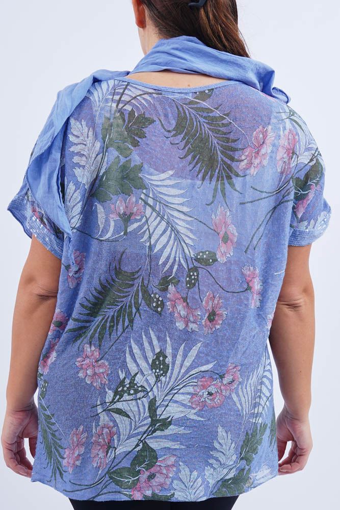 Flower Print Sequin Trim Hem Scarf Top