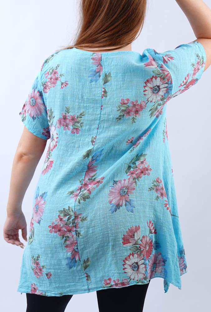 Sun Flower Print Side Split Cotton Top