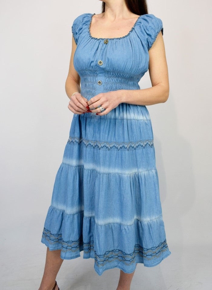 Midi Denim Tie Dye stripe Dress - Light Denim