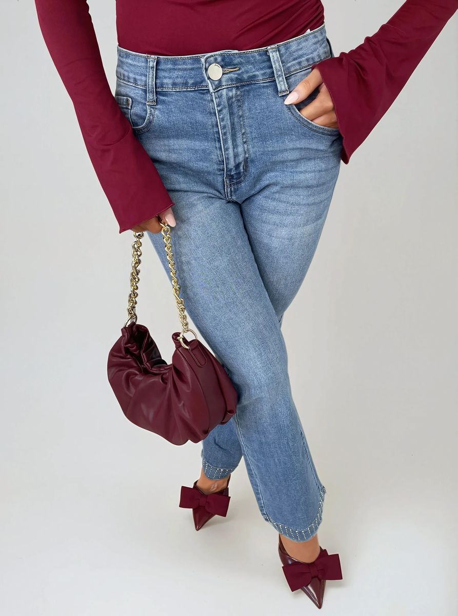 Rhinestone Hem High Waist Flare Jeans