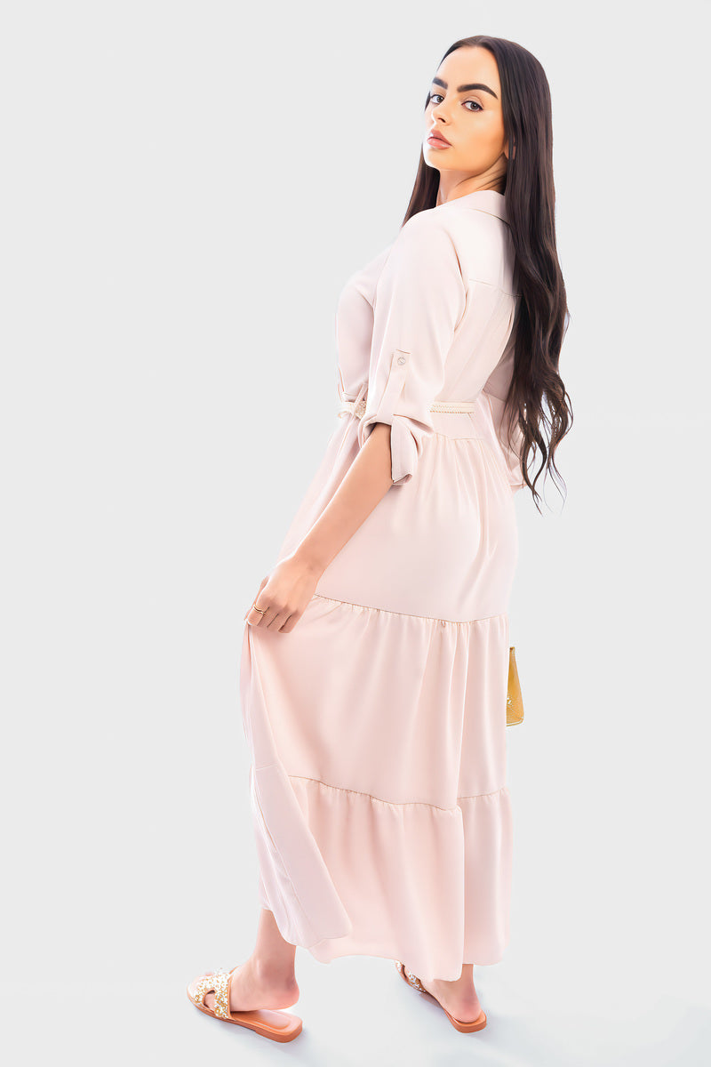 Belted Button Down Tiered Maxi Dress