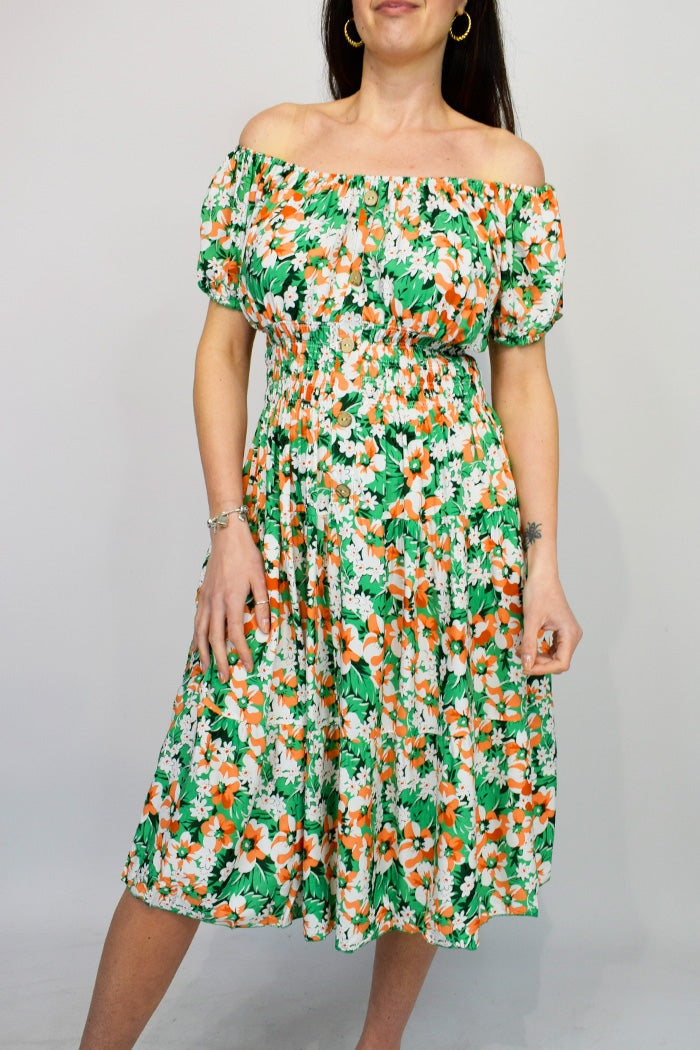 Flower Button Front Bardot Midi