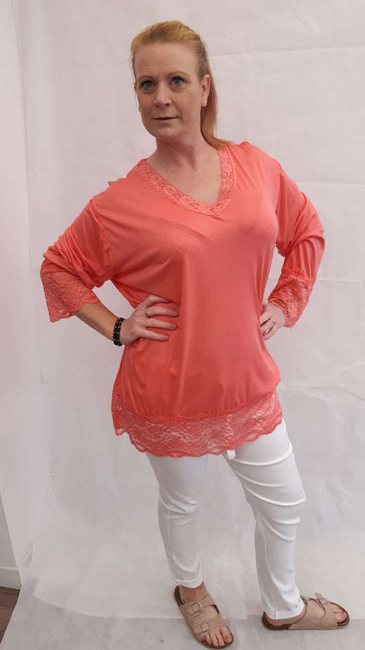 Long Sleeve Lace Hem V Neck Lace Hem Top