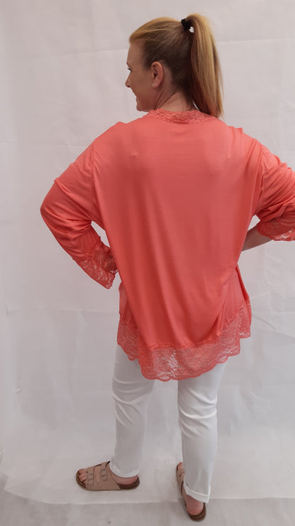 Long Sleeve Lace Hem V Neck Lace Hem Top