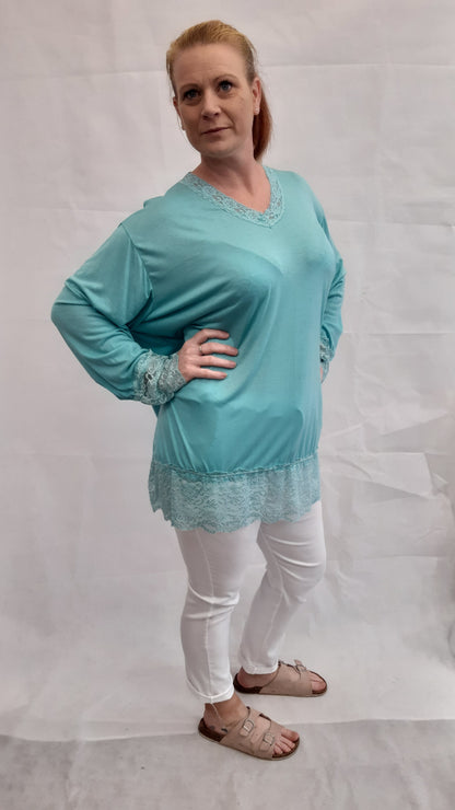 Long Sleeve Lace Hem V Neck Lace Hem Top