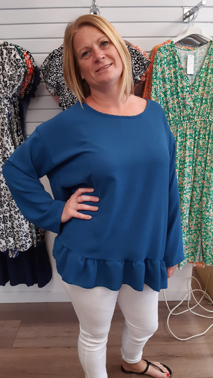 Long Sleeve Round Neck Frill Hem Top
