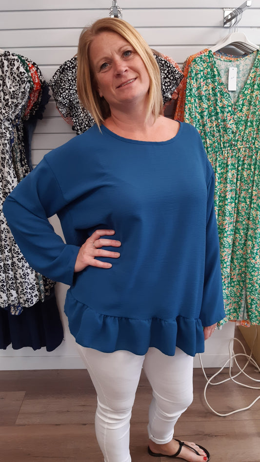 Long Sleeve Round Neck Frill Hem Top
