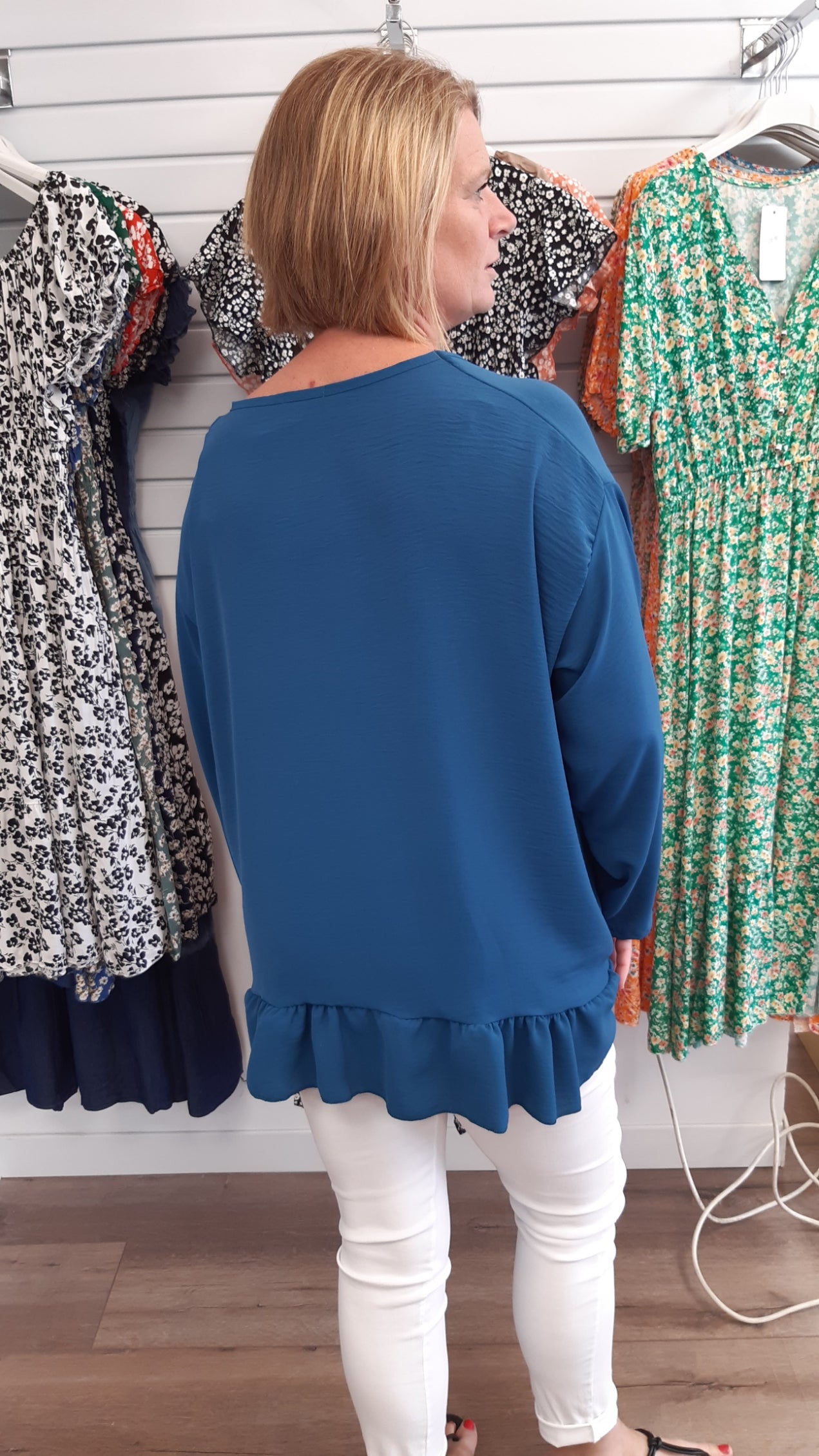 Long Sleeve Round Neck Frill Hem Top