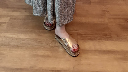 Gold Flatfom Raffia Stappy Sliders
