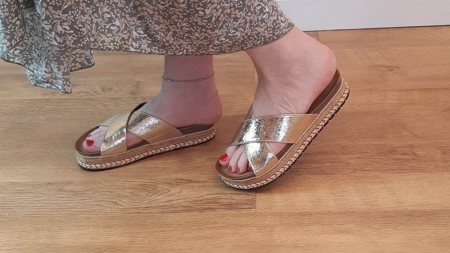 Gold Flatfom Raffia Stappy Sliders