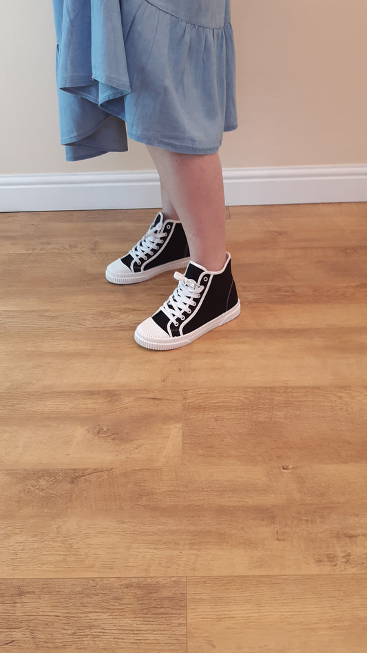 Black Lace up Flat High Top Trainers