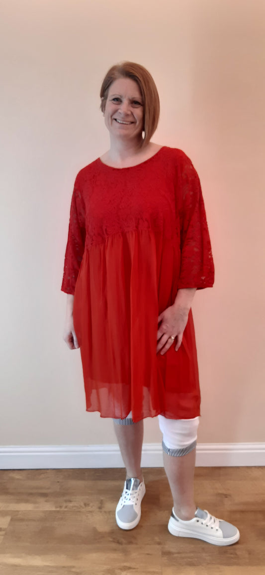 Red Lace Sleeves Silk Tunic