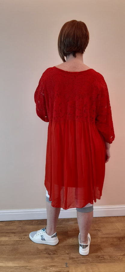 Red Lace Sleeves Silk Tunic