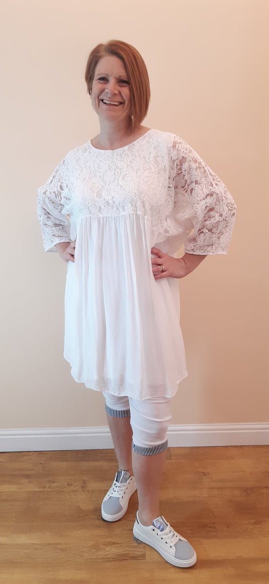 White Lace Sleeves Silk Tunic