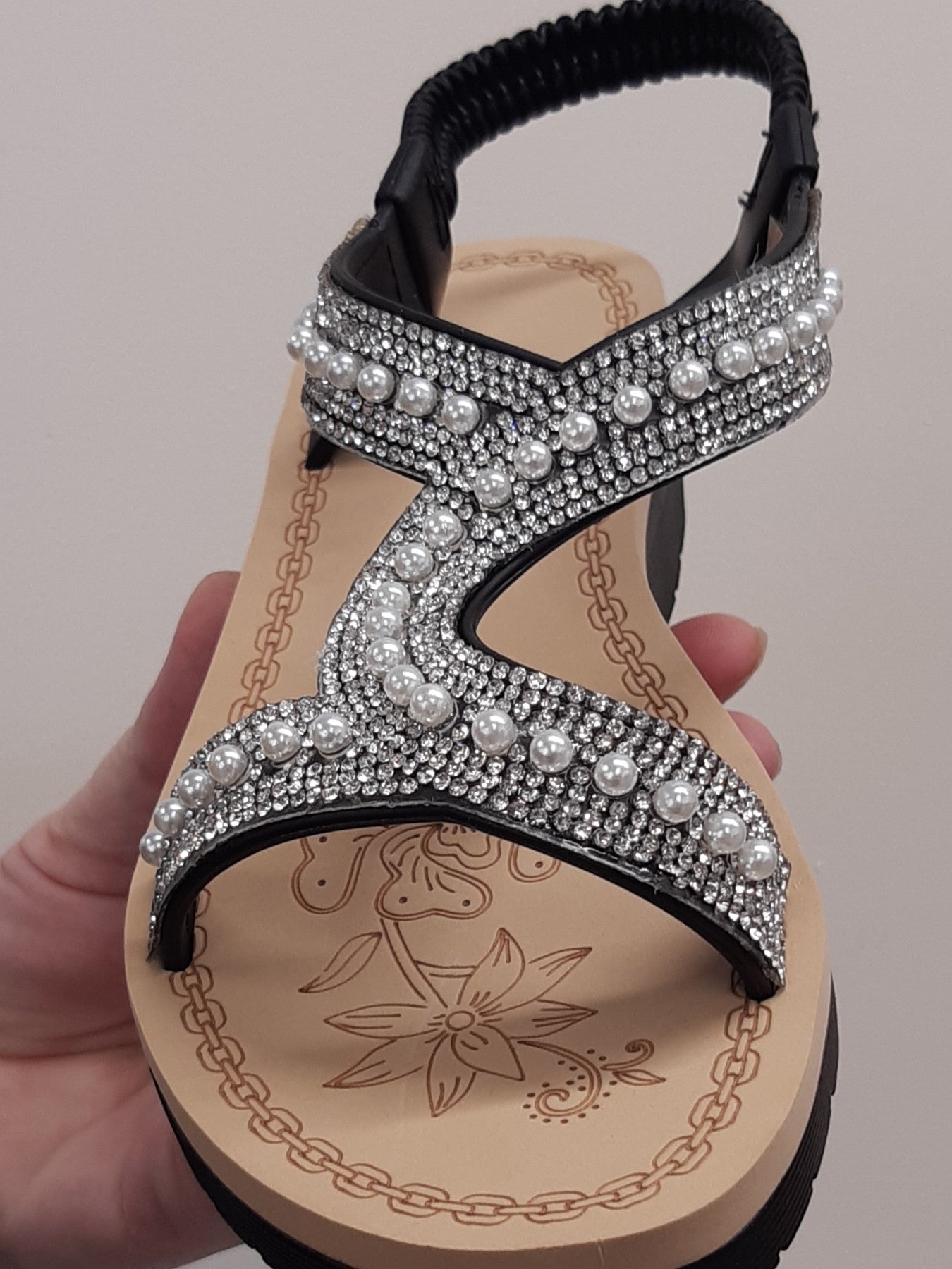 Flat Sandals Black Pearl Strappy Sling-Back