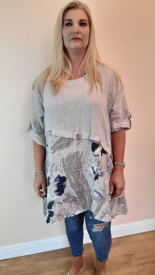 Contrast Panel Buttons Linen Tunic Top