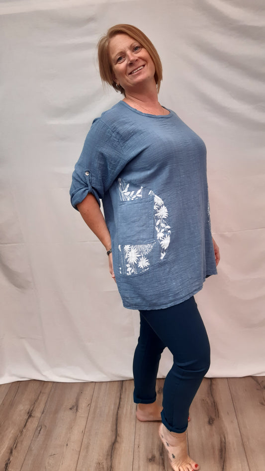 Plain Floral Patch Pockets Tunic Top