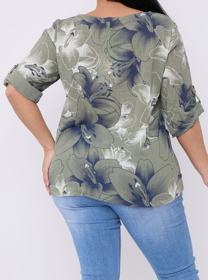 Lily Flower Print Cut Work Cotton Top