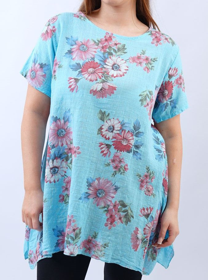 Sun Flower Print Side Split Cotton Top