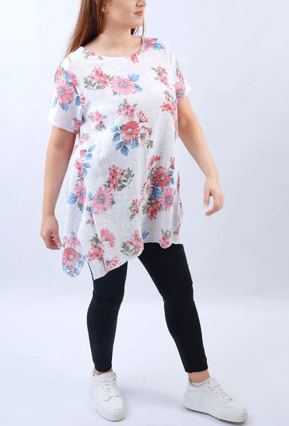 Sun Flower Print Side Split Cotton Top