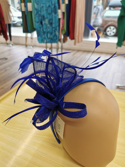 Flower Fascinator on a Satin Alice band with feathers and Clear acrylic stones