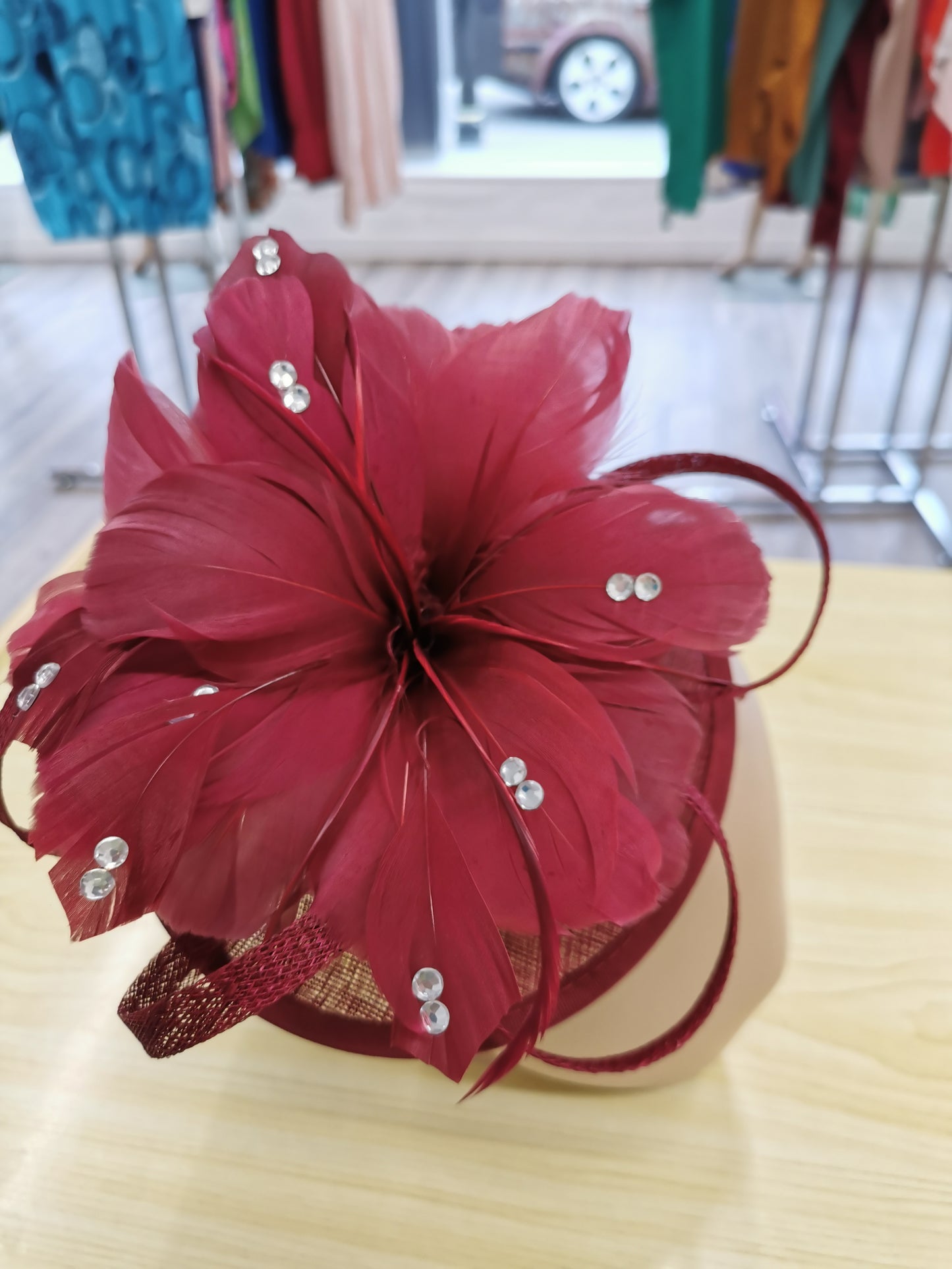 Fascinator On a Satin Alice band With Feathers and Clear Acrylic Rhinestone