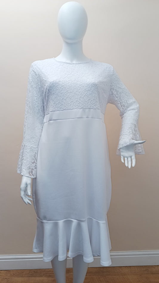 Lace Bodice Bell Sleeve Ruffled Hem Dress