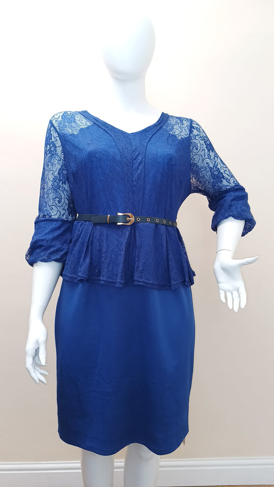 Lace Bodice Peplum Dress with Belt