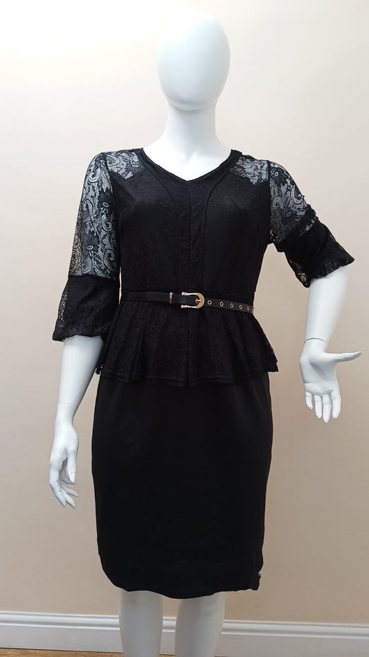 Lace Bodice Peplum Dress with Belt