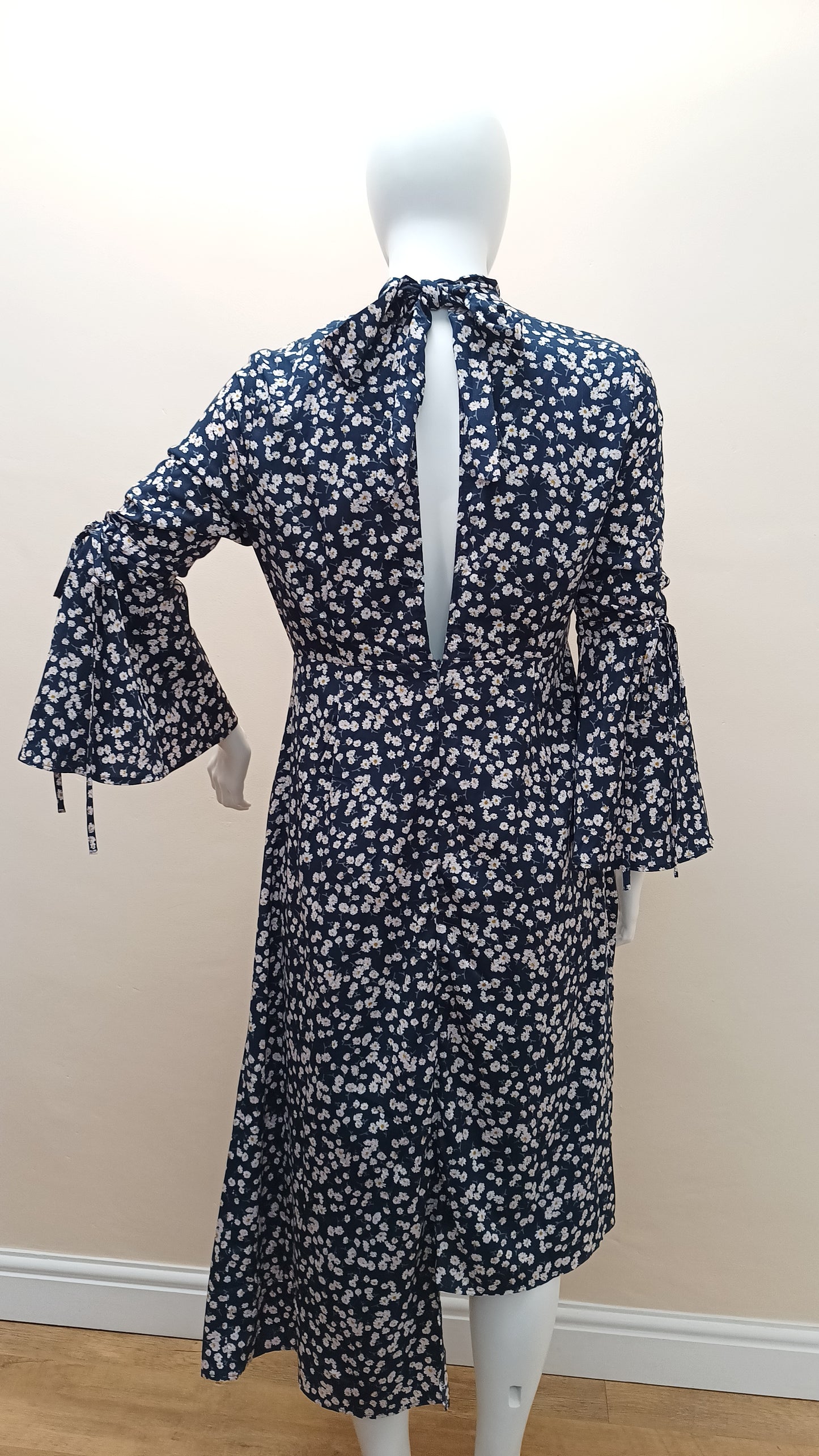 Navy Asymmetrical Bell Sleeve Small Daisy open back style Dress