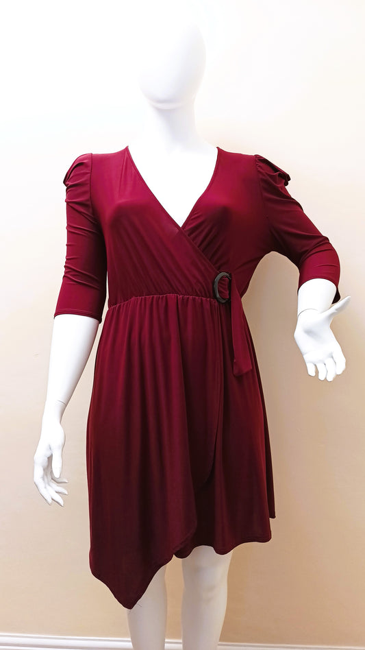 Berry Gathered Shoulder Wrap Dress