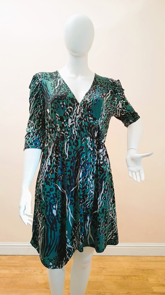 Green Animal Print Gathered Shoulder Wrap Dress