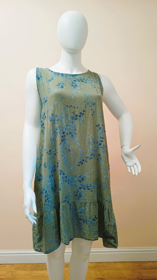 Leaf Branches Print Tie Back Neck Cotton Dress