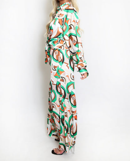 Swirl Print Shirt And Wide Leg Trouser Set